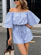 French New Single Shoulder Vertical Patterned Waist Belt Bodycon Jumpsuit Women'S Jumpsuit Women'S Summer Jumpsuit - Blue