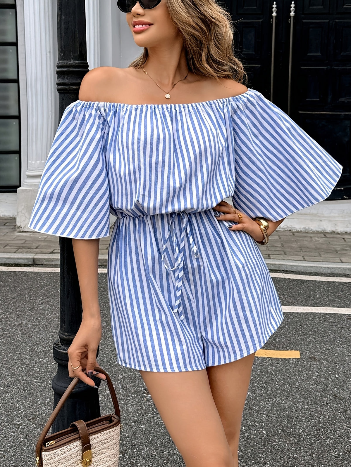 French New Single Shoulder Vertical Patterned Waist Belt Bodycon Jumpsuit Women'S Jumpsuit Women'S Summer Jumpsuit - Blue