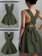 Women'S Romantic Elegant Sexy Wedding Guest Style Wearable Cross V-Neck Sleeveless A-Line Mini Dress - Olive Green