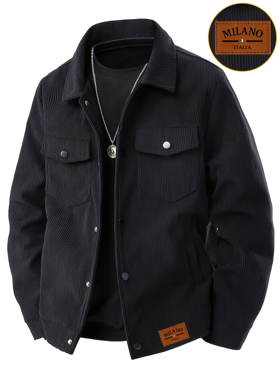Meixishao OBM Autumn/Winter Solid Color with Random Print, Simple Encounter with Avant-Garde Cross-Border Fashion Jacket, Vintage Style Lapel Men's Corduroy Workwear Jacket Winter Clothes for Men - Black