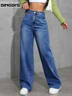 Women's 2026 New Stretch Loose Wide-leg Straight-leg Jeans, Washed Blue Denim Trousers with Pockets, High-waisted and Cinched Comfortable Pants, Elegant Women's Clothing, Casual Pants Suitable for Work, Travel and Office Wear - Blue