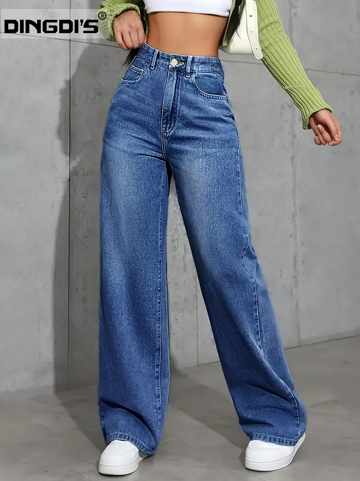 Women's 2026 New Stretch Loose Wide-leg Straight-leg Jeans, Washed Blue Denim Trousers with Pockets, High-waisted and Cinched Comfortable Pants, Elegant Women's Clothing, Casual Pants Suitable for Work, Travel and Office Wear - Blue