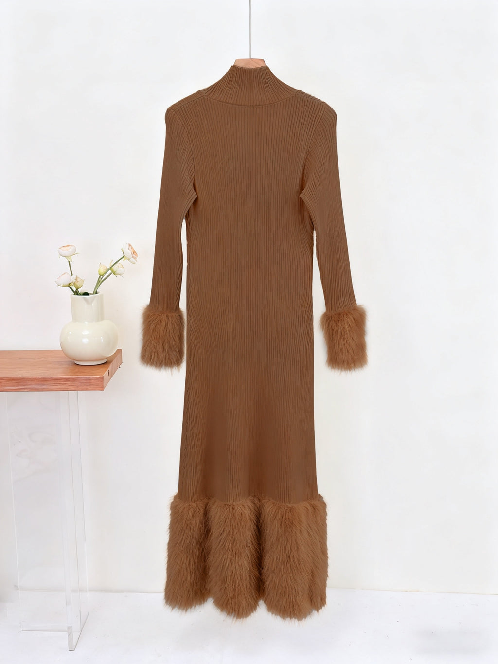 Modal Solid Color Waist Elegant Dress - Brown