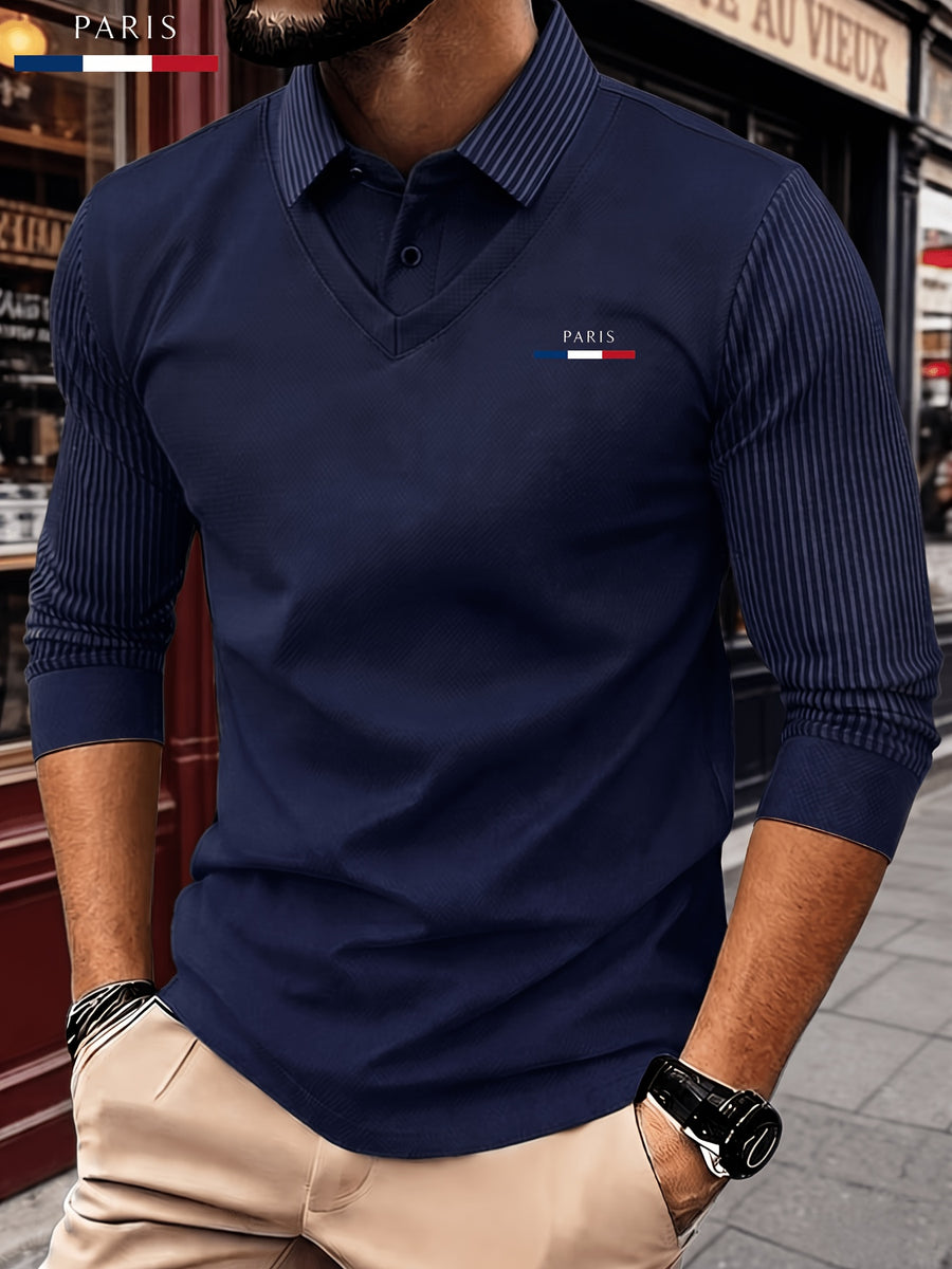 Men's New All-Season Knitwear Classic Lapel Long Sleeve 2-in-1 Look Polo Shirt, Featuring a Stylish and Minimalist Geometric Print Stripe Design, with a Color-blocked Collar and Layered Shirt Style. Made from Lightweight, Breathable - Navy Blue