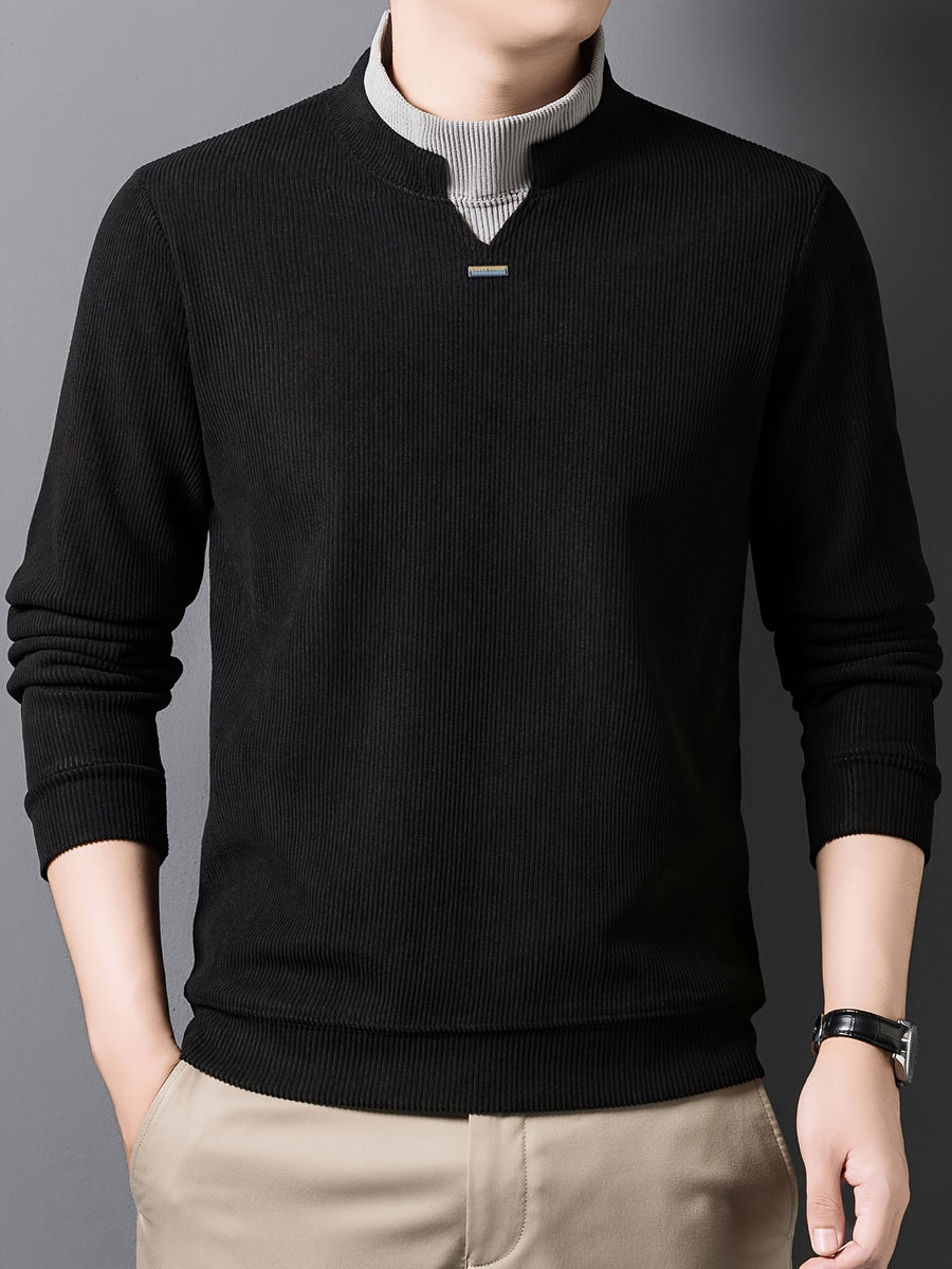 New High-Neck Men's Base Layer Shirt, Fashionable Trendy Casual -Lined Warm Sweater, Stylish Skin-Friendly Men's Autumn-Winter Knit Top F2136 - Black