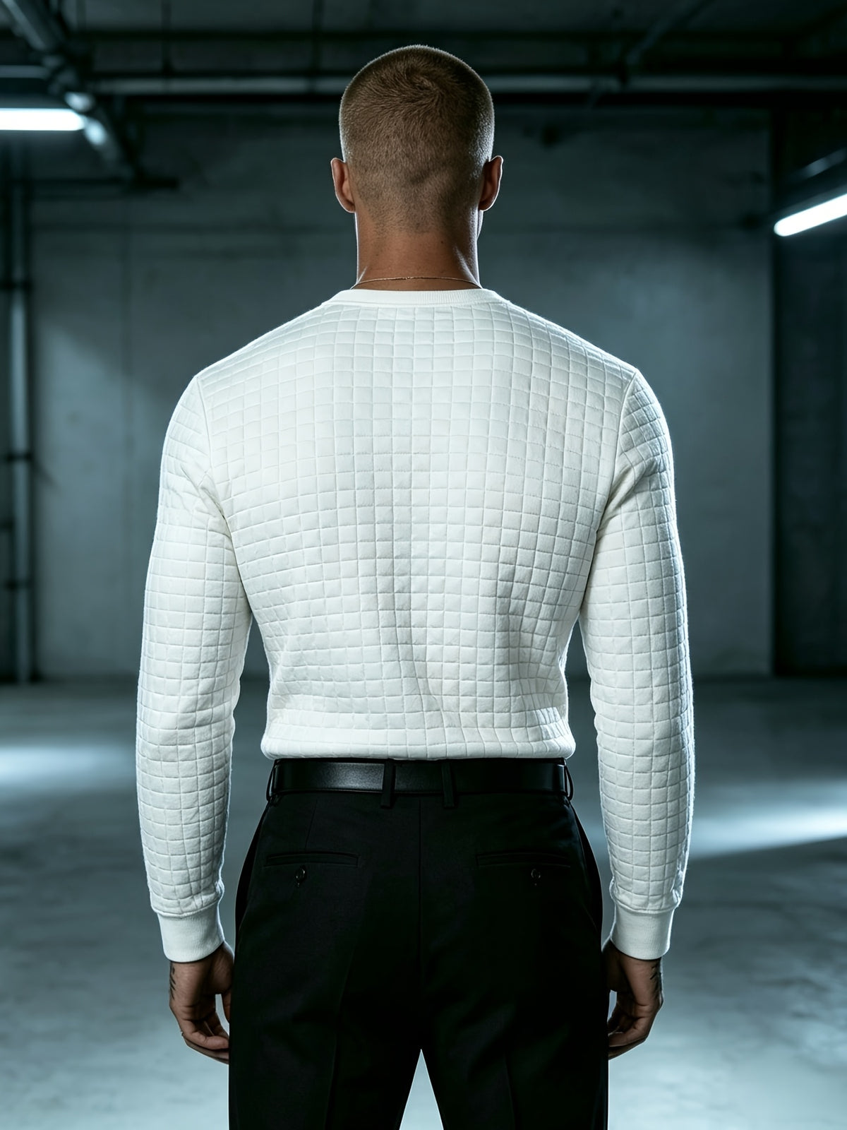 Autumn New Men'S White Checkered Henley Long Sleeve T-Shirt, Henley Collar Textured Top, Easy Rugged Slim Fit, Salon Gathering Casual Wear, Easy Fashion, Men'S Half-Open Long Sleeve - White