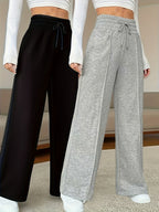 2pcs High-Waisted Wide-Leg Pants - Wide-Leg Trousers with Full-Length Pants, Solid Color Casual Winter Pants, Machine Washable & Dry Cleanable, Comfortable for Fall/Winter, Office, Semi-Formal or Casual Attire - Non- - Light Grey+Black