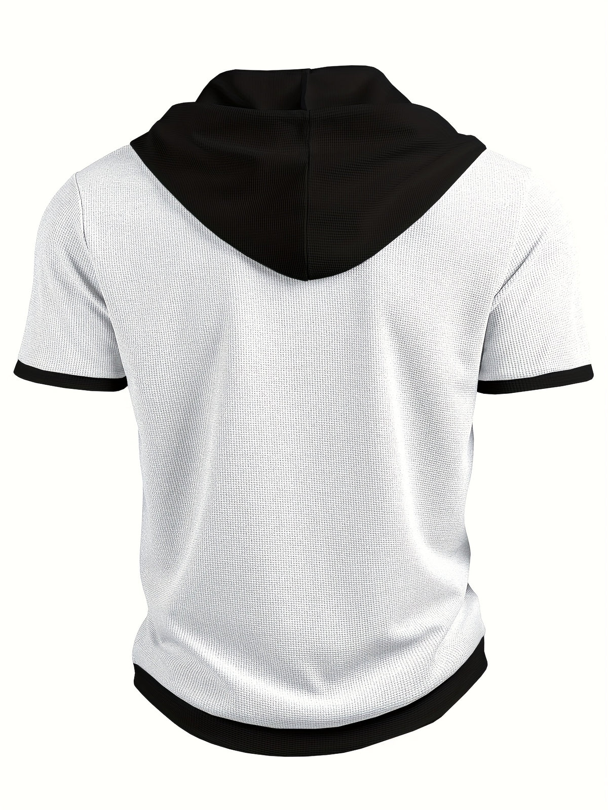 Men's Casual Short Sleeve Hooded Henley Shirt - Textured Waffle Knit & Contrast Color Block Design with Metal Buttons, Breathable Summer Outdoor Sportswear, Machine Washable Regular Fit, Henley Placket Design - White