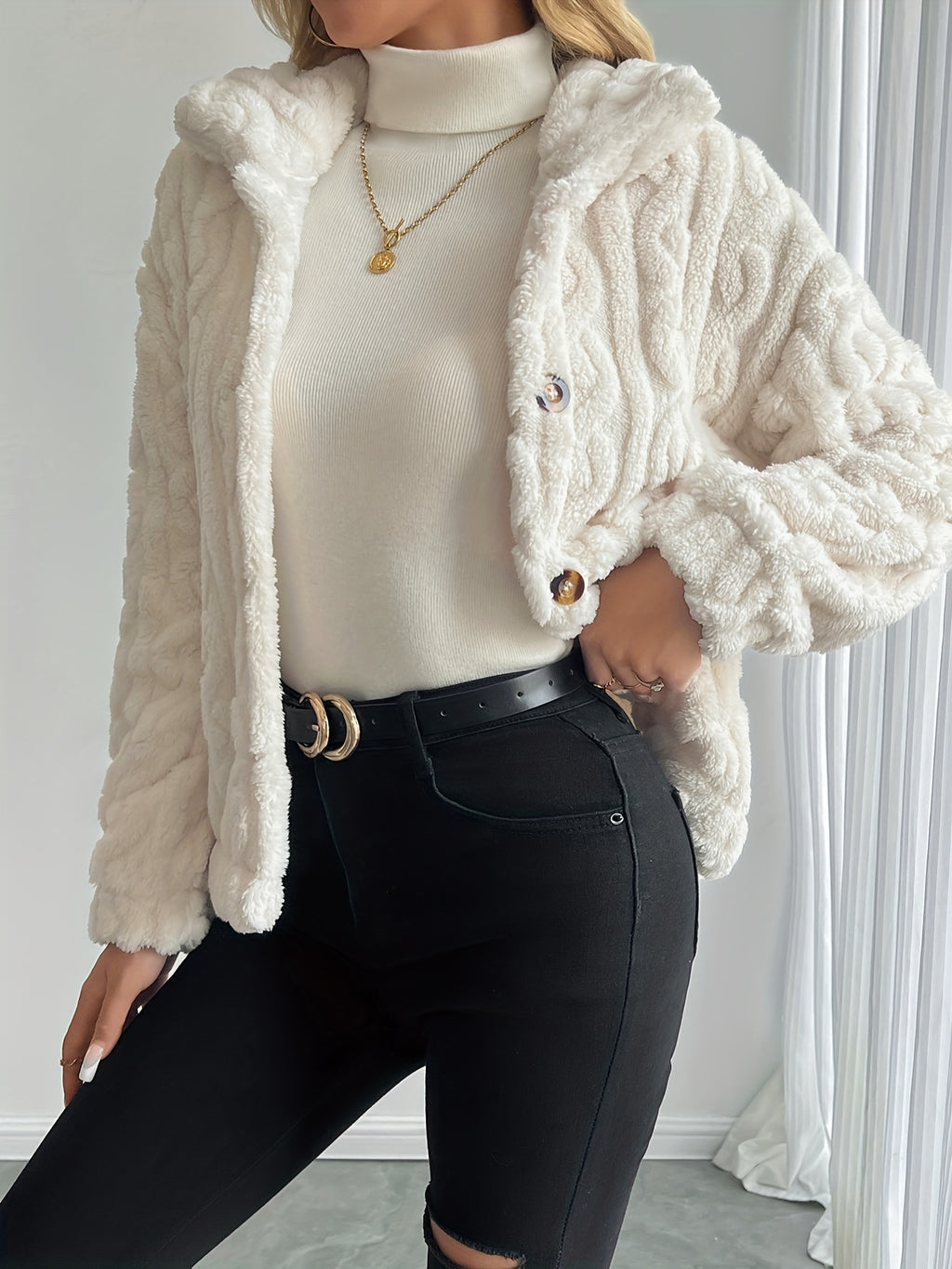 Double-Sided Lapel Button Elegant Top Coat - White