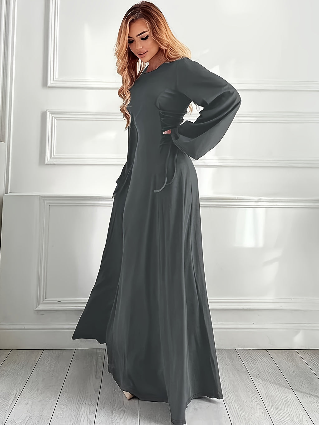Women's Elegant A-Line Dress - Adjustable Drawstring Waist, Non-Stretchy Fabric for Formal & Everyday Events - Machine Washable Women's Clothing (Spring/Fall/Summer), Spring Outfit, Round Neckline, Flowing Silhouette - Deep Grey