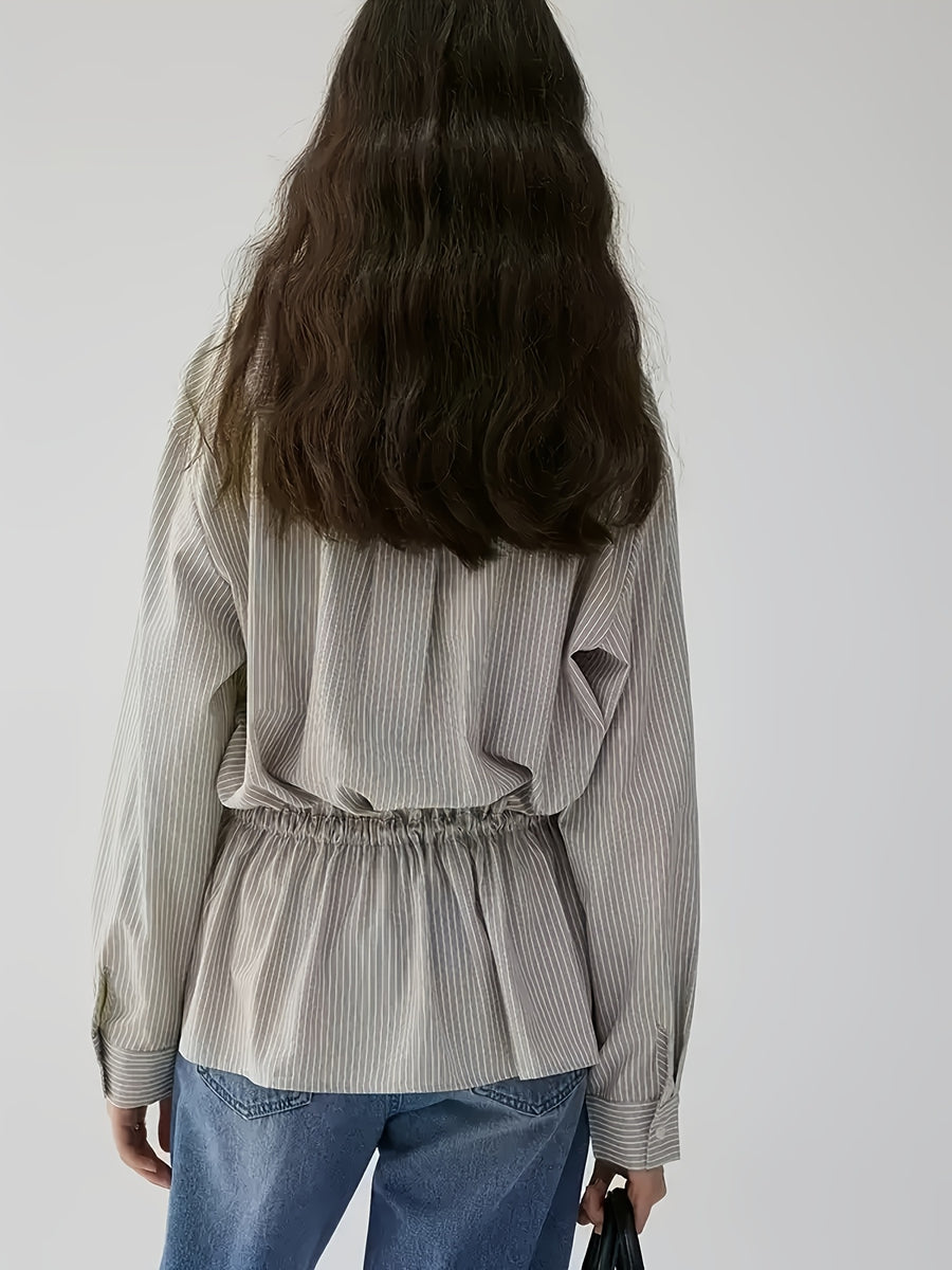 Korean-style V-neck Waist-Cinching Striped Long-Sleeve Shirt for Women, and Elegant Commuter Top, 2026 New Loose Fit Versatile Style - Gray Stripes