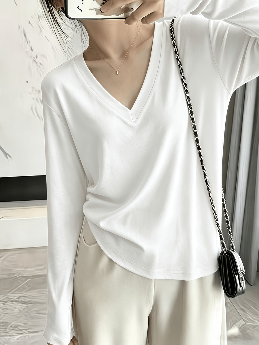 Loose Fit Drop Shoulder Sleeves Relaxed Style Women's Long Sleeve T-Shirt Polyester Women's Autumn Top Thin V-Neck Pullover Solid Color Basic Style Women's Casual Base Layer Spring/Autumn Women's Clothing Machine Washable, Not Dry Cleanable Autumn - White