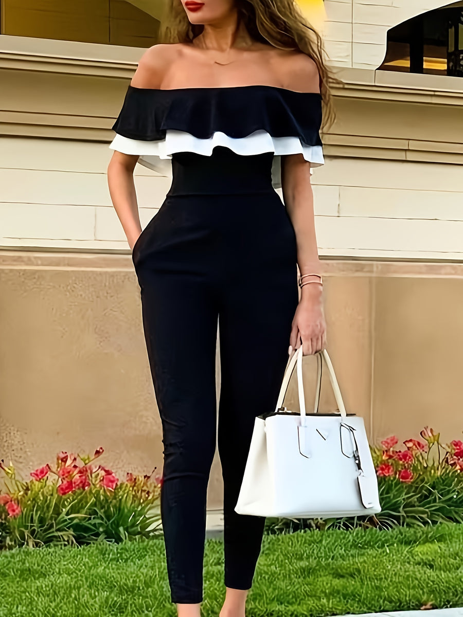 6163 Fashion Color-Block Off-Shoulder Double-Layer Ruffle Jumpsuit. Solid Color/Color Block/Off-Shoulder/Double-Layer Ruffle/No Belt/Side Pockets. Stretchy Comfort Fabric, Machine Washable. Daily Wear/Commute/Gatherings/Parties/Dates/Casual. - Black