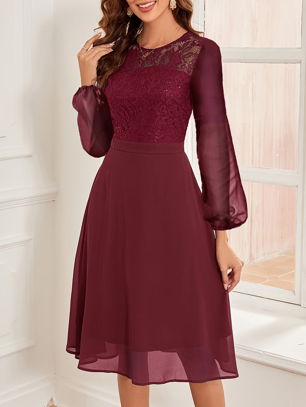 Women's Wedding Bridesmaid Dress, Chiffon Sequin Lace Long Sleeve Midi Cocktail Dress - Burgundy