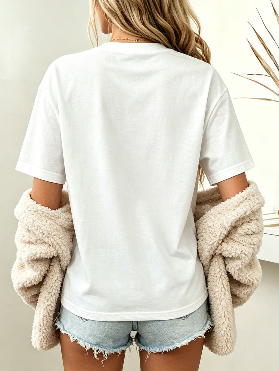 Genuine Le Yitong Rabbit 8-Ball Coffee Theme Women'S Short Sleeve, Vintage English Slogan Cartoon Print American Casual All-Match Daily T-Shirt Top - White
