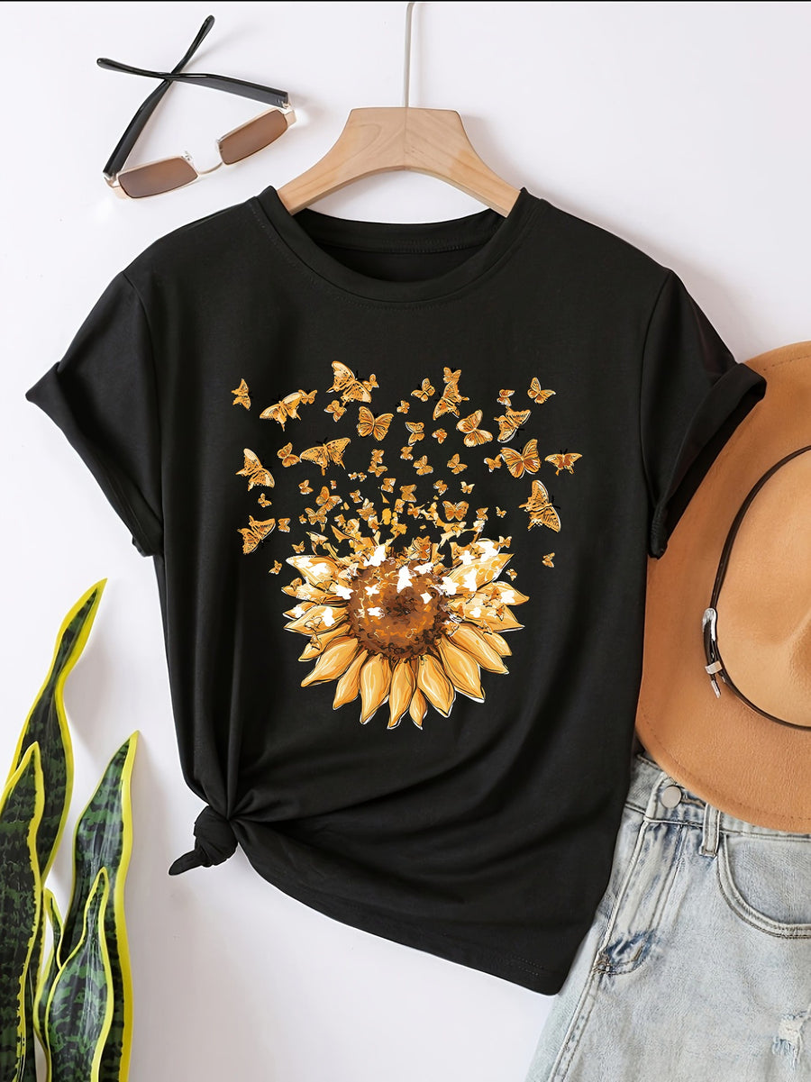 Sunflower Pattern Print - with Bow Design - Casual Round Neck, Short Sleeve, Spring/summer Fashion T-shirt - Black
