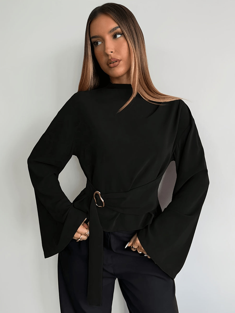 Women's Flared Sleeve Blouse, Suitable for Daily Business Commutes and Office Wear, Solid Color Shirt with Metal Buttons, Basic Top, Vintage Style, Elegant Women's Blouse - Black