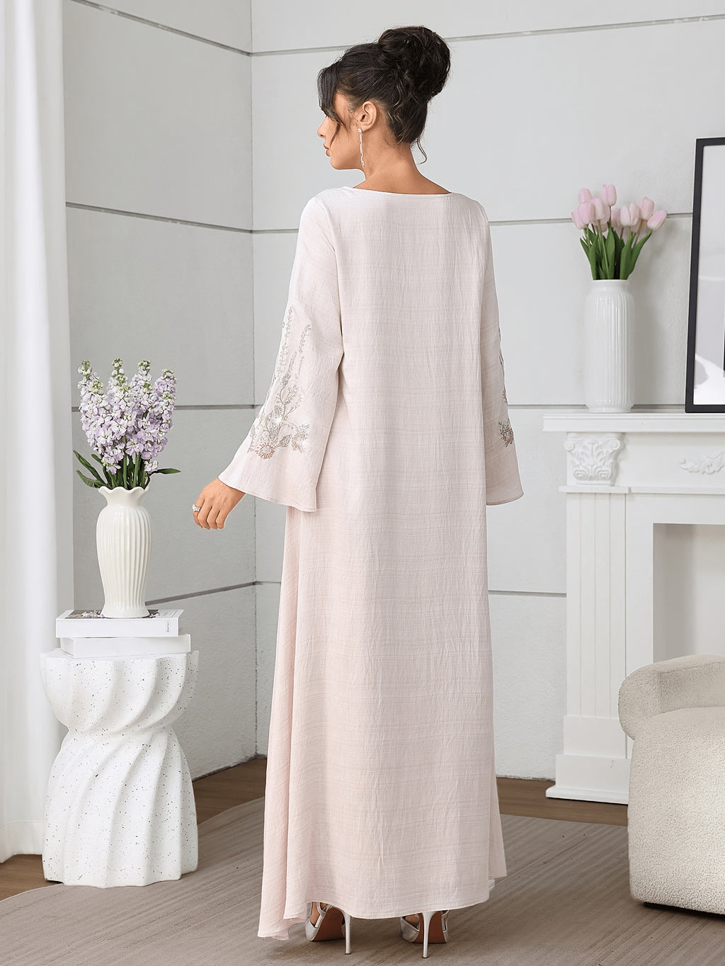 Al Najma Women ElegantEmbroidered Dress, MinimalistFashion Casual Daily Wear, Modest Kaftan - Pale Pinkish Gray