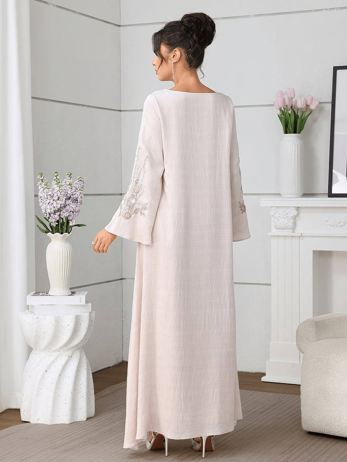 Al Najma Women ElegantEmbroidered Dress, MinimalistFashion Casual Daily Wear, Modest Kaftan - Pale Pinkish Gray