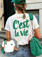 Women'S Short Sleeve T-Shirt, Front And Back Print Round Neck Top Casual Graphic Tee - White