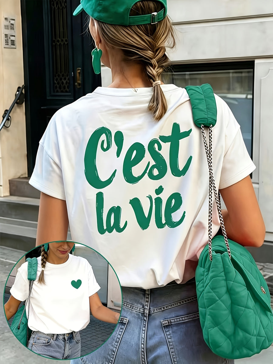 Women'S Short Sleeve T-Shirt, Front And Back Print Round Neck Top Casual Graphic Tee - White