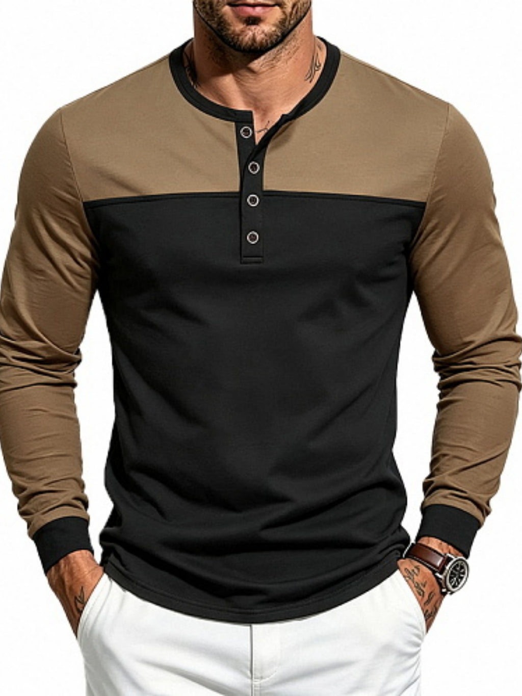 Men'S Henley Collar Long Sleeve T-Shirt, Casual Commute Outdoor Home Top, Contrast Color Patchwork Half-Button Design, Casual Easy Style, All-Season Fit, Ribbed Collar And Cuffs with Soft Elastic Knit Fabric, Men'S Favorite Holiday Gift - Brown+hei