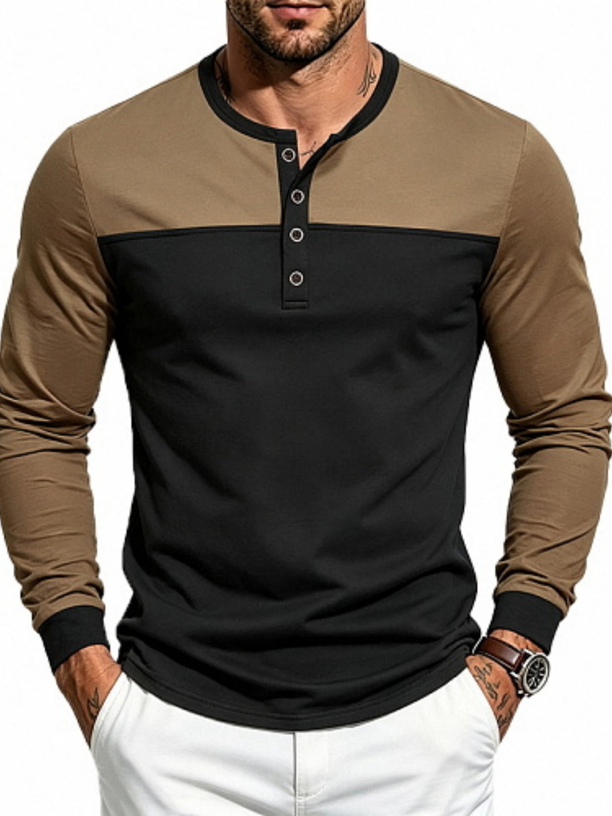 Men'S Henley Collar Long Sleeve T-Shirt, Casual Commute Outdoor Home Top, Contrast Color Patchwork Half-Button Design, Casual Easy Style, All-Season Fit, Ribbed Collar And Cuffs with Soft Elastic Knit Fabric, Men'S Favorite Holiday Gift - Brown+hei