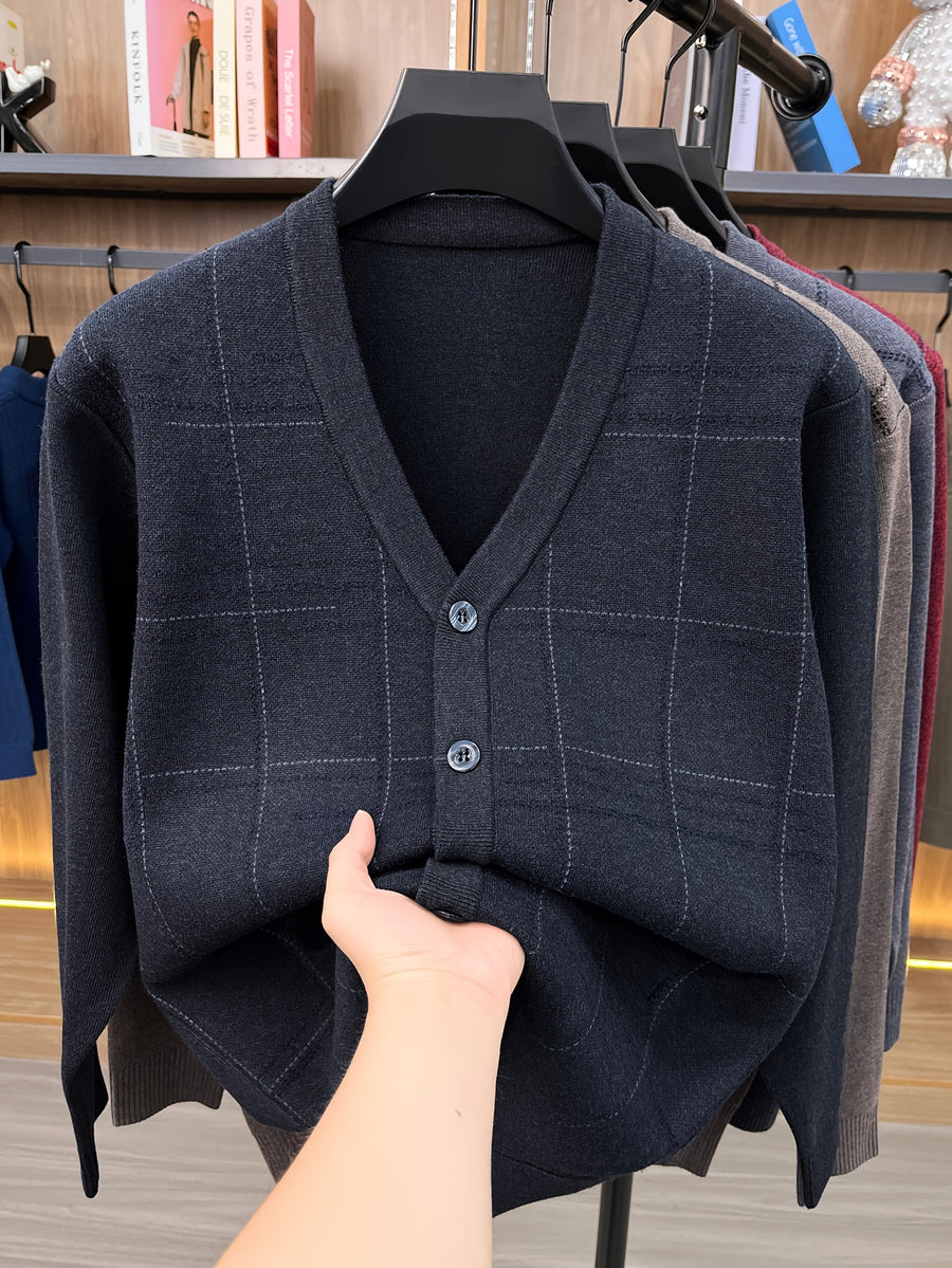Men'S Autumn Winter Easy Knit Cardigan Warm Plaid Casual Jacket - Black Gray