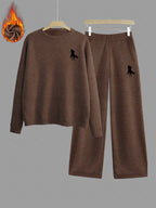 Women's Fashion Print Round Neck Sweater Set - Dark Brown