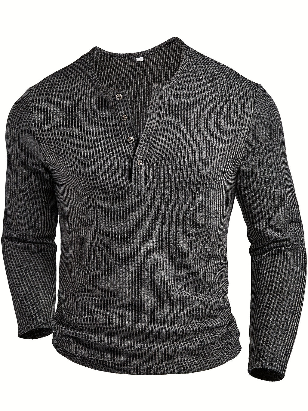 Men's Fashion Top, Autumn/Winter Casual Textured Ribbed Fabric Crew Neck Single-Breasted Long Sleeve Men's Henley Shirt - Dark Gray