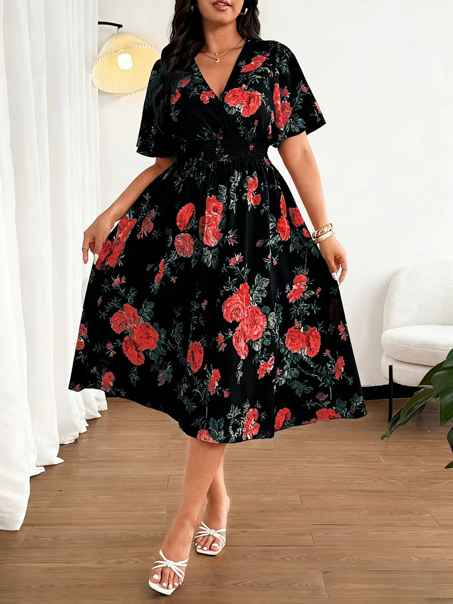 Plus Size - Summer Women'S Plus Size Women'S Summer Fashion Elegant Temperament Bohemian Floral Print Mid-Length Short-Sleeved Head Set V-Neck Loose Elastic Waist Lotus Leaf Sleeves Suitable for Vacation, Weddings, Formal Occasions, Festivals - Mixed colors