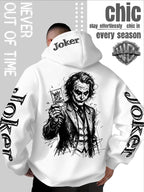 WB Warner Bros. Official Licensed Men's Joker Hooded Sweatshirt - Iconic Joker Portrait Print Hoodie, Soft Pilling-Resistant Fabric, Loose Fit Streetwear Pullover Suitable for Autumn/Winter, Machine Washable for Home, Outings & Joker-Themed Apparel - White