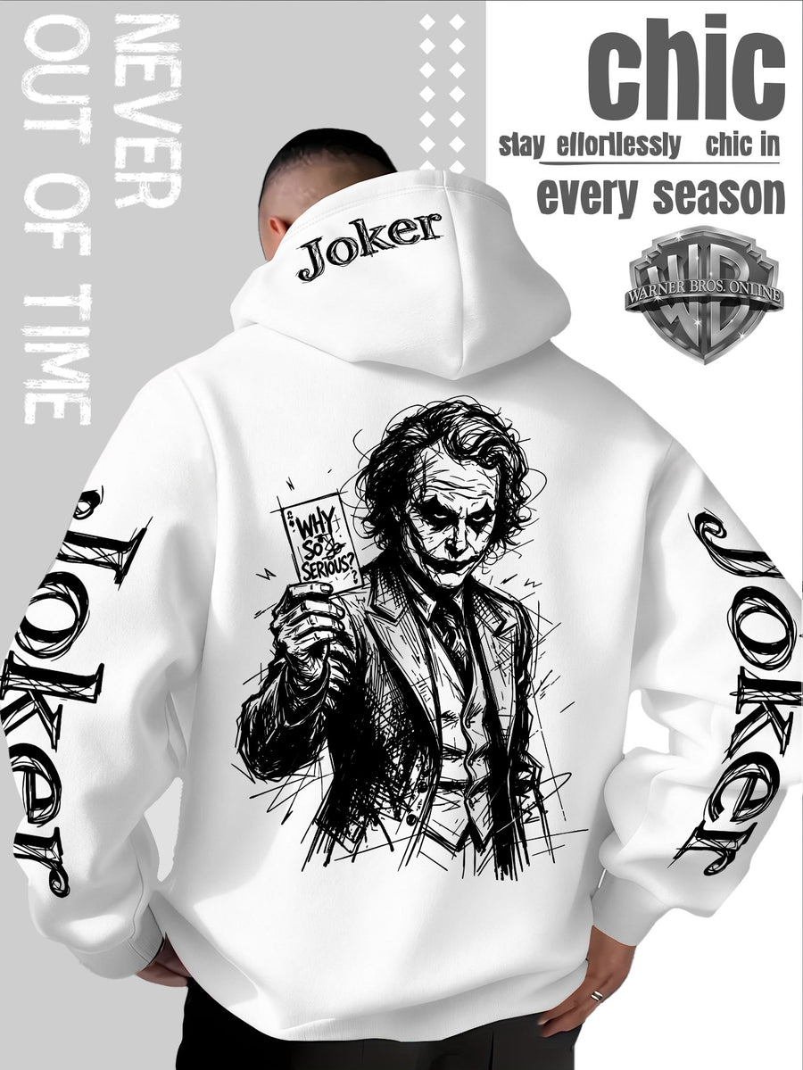 WB Warner Bros. Official Licensed Men's Joker Hooded Sweatshirt - Iconic Joker Portrait Print Hoodie, Soft Pilling-Resistant Fabric, Loose Fit Streetwear Pullover Suitable for Autumn/Winter, Machine Washable for Home, Outings & Joker-Themed Apparel - White