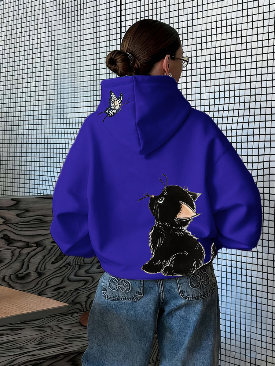 Fun 1pc Hooded Sweatshirt with Hand-Drawn Cute Little Black Cat Illustration Featuring a Butterfly, Pet Element, and Adorable Style Apparel Print - Blue