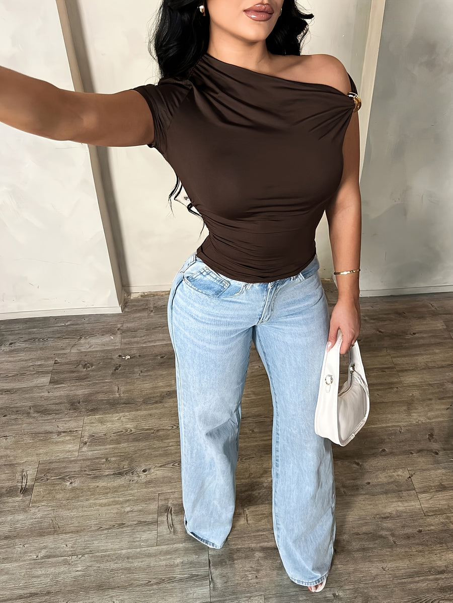 Women'S T-Shirt Slim Fit One-Shoulder Suitable for Dating, Parties, Commuting, Casual Fashion - Dark Brown
