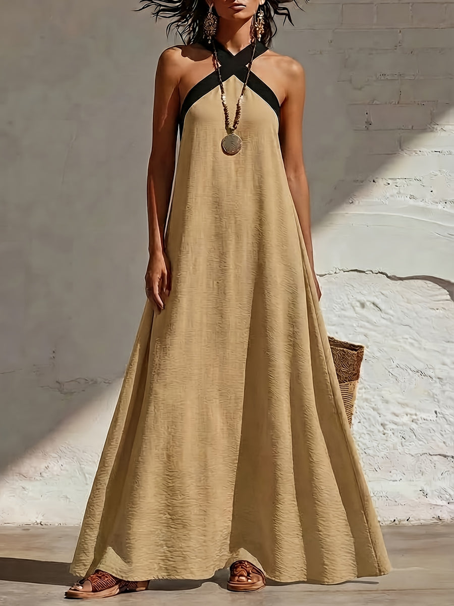 Elegant and Fashionable Women's Faux - Long Maxi Dress with Contrasting Colorblocking and A-line Hem, Featuring Crisscross Spaghetti Straps. Comfortable for Casual Outings, Vacations, Dates, and Romantic Beachwear, This Off-shoulder and Backless - Khaki