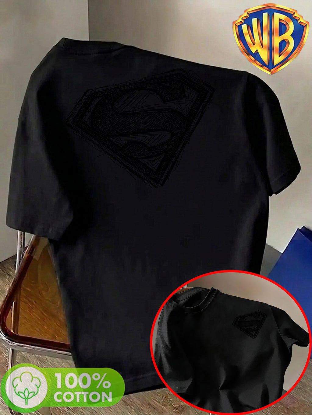 Unisex Summer Loose Round Neck Short Sleeve T-Shirt, Suitable for Daily Commute, Street Outings, City Travel, And Gatherings, Large Superman S Logo Hand-Drawn Sketch Print on Back, Small Pattern on Chest, Easy Artistic Atmosphere - Black