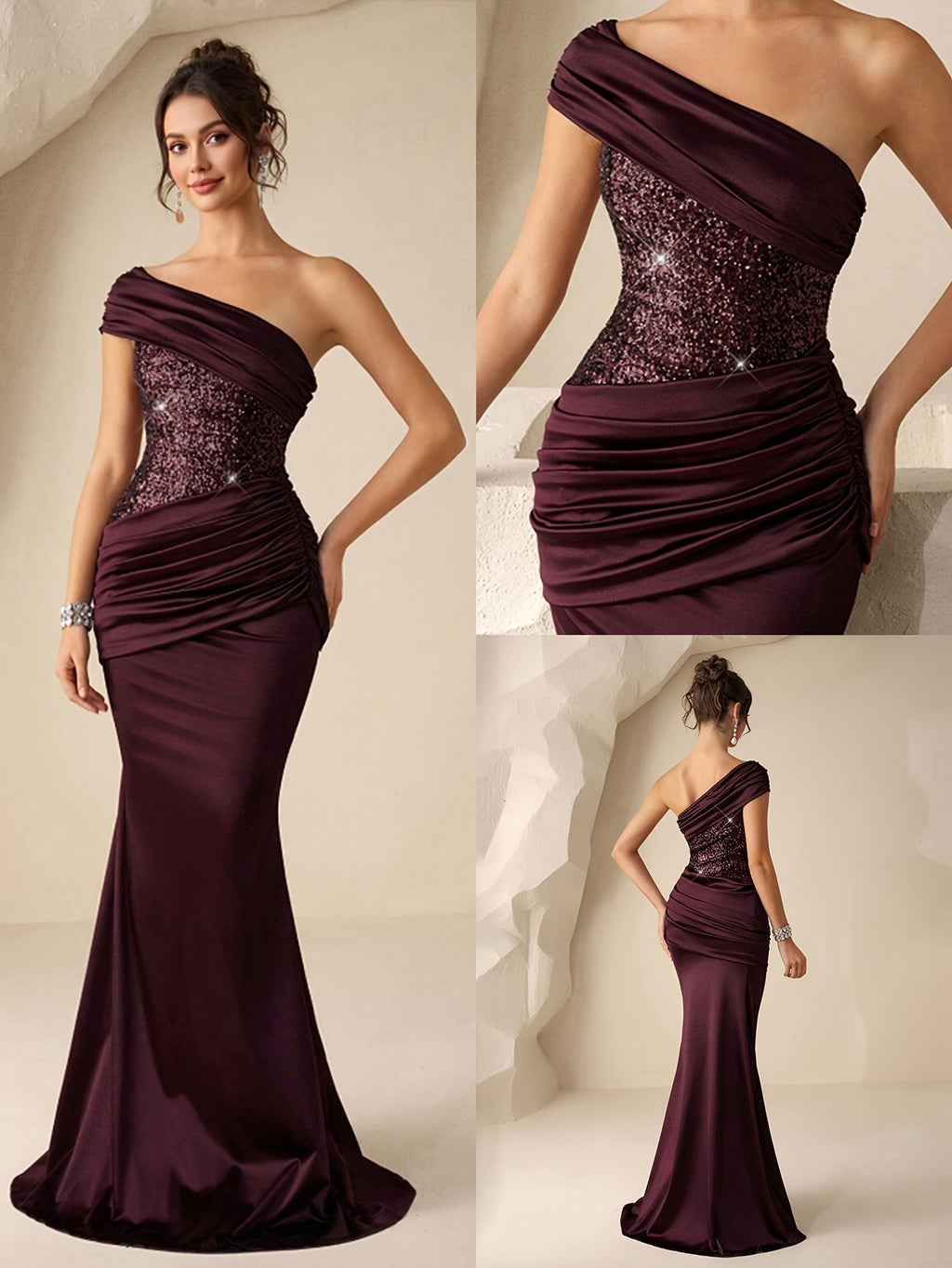 Women's Sequined Mermaid Trendy Style, Formal Evening Dress with One Shoulder, Ladies' Gorgeous and Elegant Celebration Gown, Valentine's Day Sequined Dress, for Graduation Ceremonies, Opening Ceremonies, Music Festivals, Birthday Parties - Maroon 2