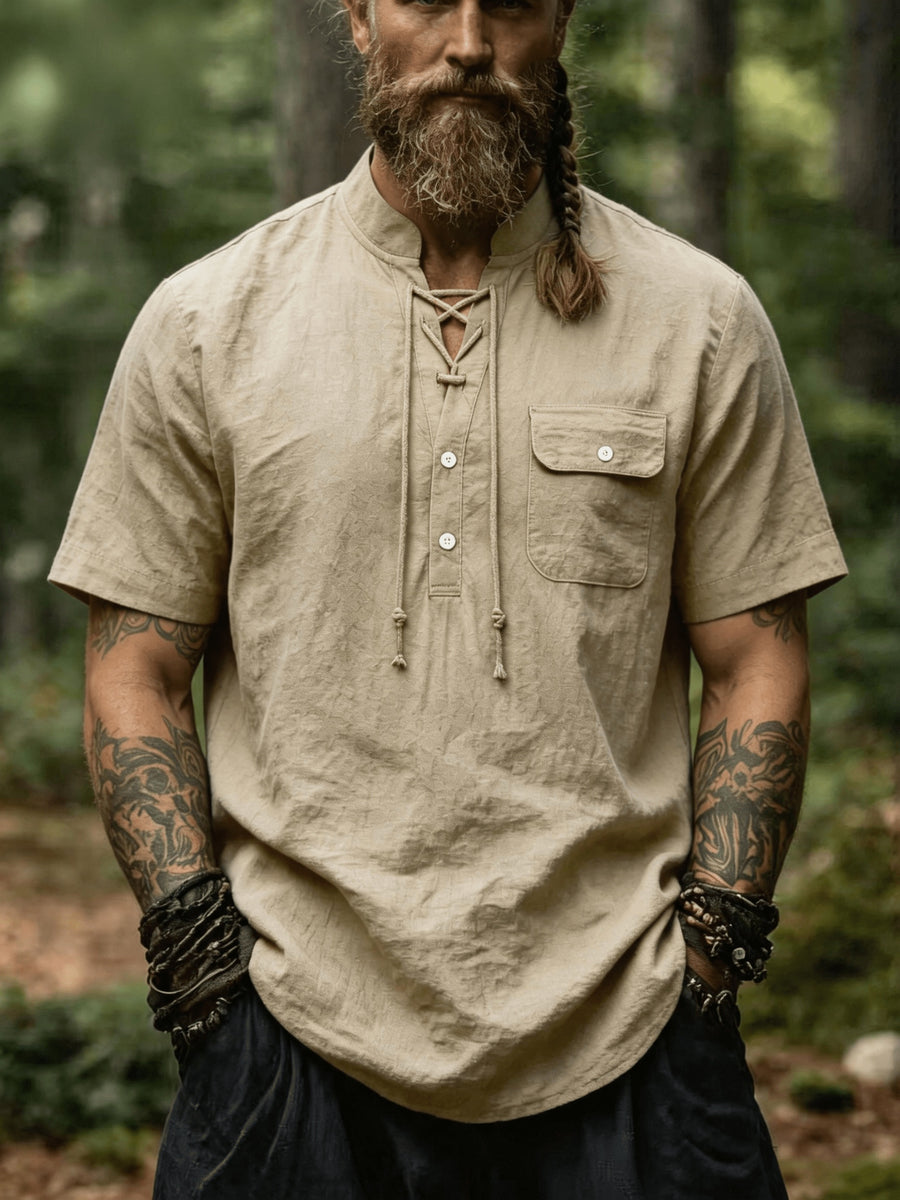 New Men'S Lace-Up Henley T-Shirt, Stand Collar Short Sleeve Casual Pullover with Adjustable Drawstring Neckline And Flap Chest Pocket, Lightweight Relaxed Fit Top for Beach Vacations, Travel, Outdoor Leisure And Everyday Wear - Khaki
