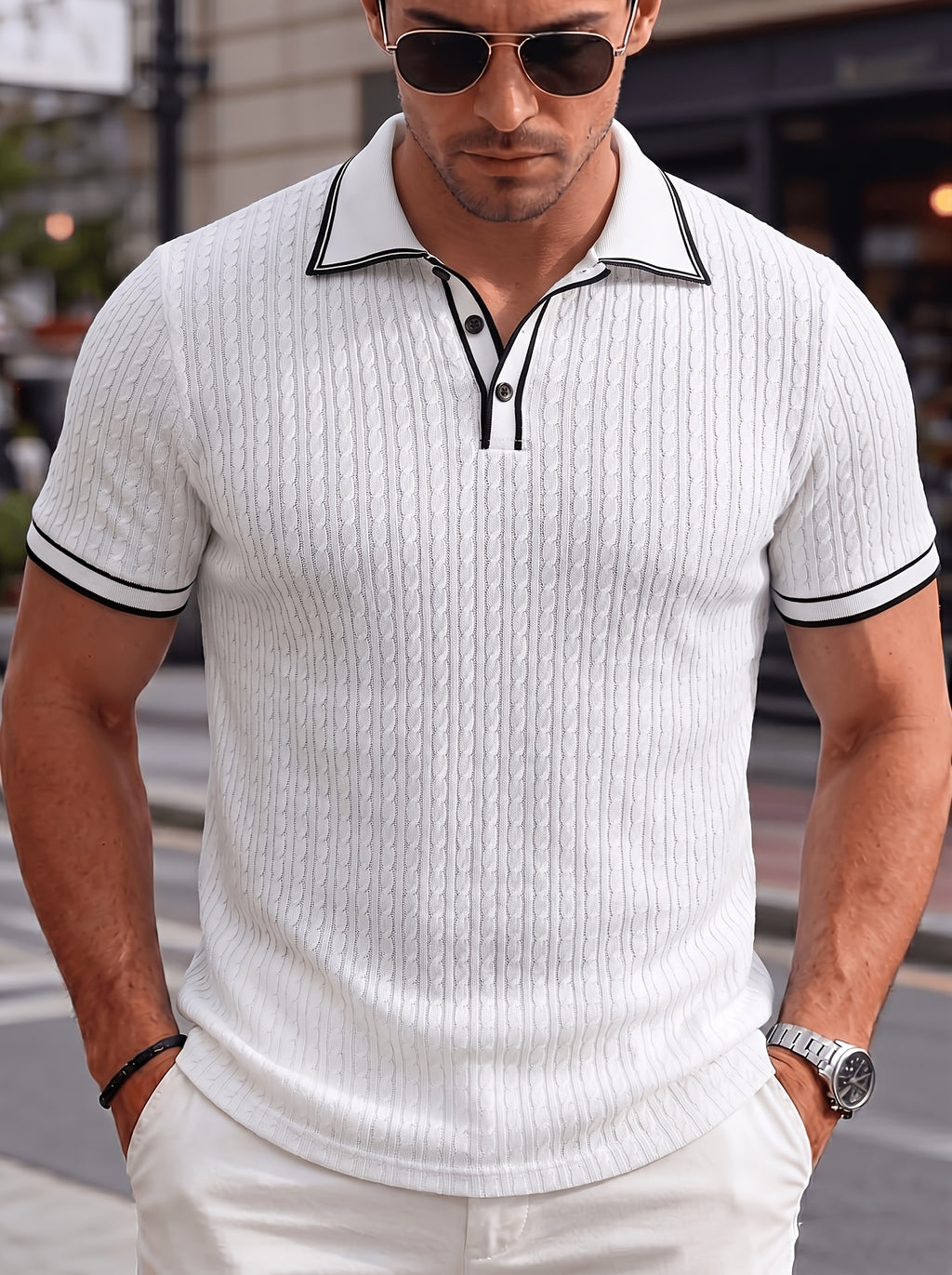 Men'S Fashion Top, Spring Summer Outdoor Casual Textured Jacquard Breathable Fabric, Contrast Color Lapel Single Button Short Sleeve Men'S Polo Shirt - White