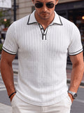 Men'S Fashion Top, Spring Summer Outdoor Casual Textured Jacquard Breathable Fabric, Contrast Color Lapel Single Button Short Sleeve Men'S Polo Shirt - White