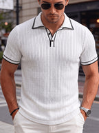 Men'S Fashion Top, Spring Summer Outdoor Casual Textured Jacquard Breathable Fabric, Contrast Color Lapel Single Button Short Sleeve Men'S Polo Shirt - White