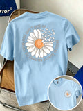 Men's 100% Pure Cotton Comfortable Casual Soft Breathable Daisy and Butterfly Print Short-Sleeve T-Shirt for Spring and Autumn Daily Commuting - Light Blue Color