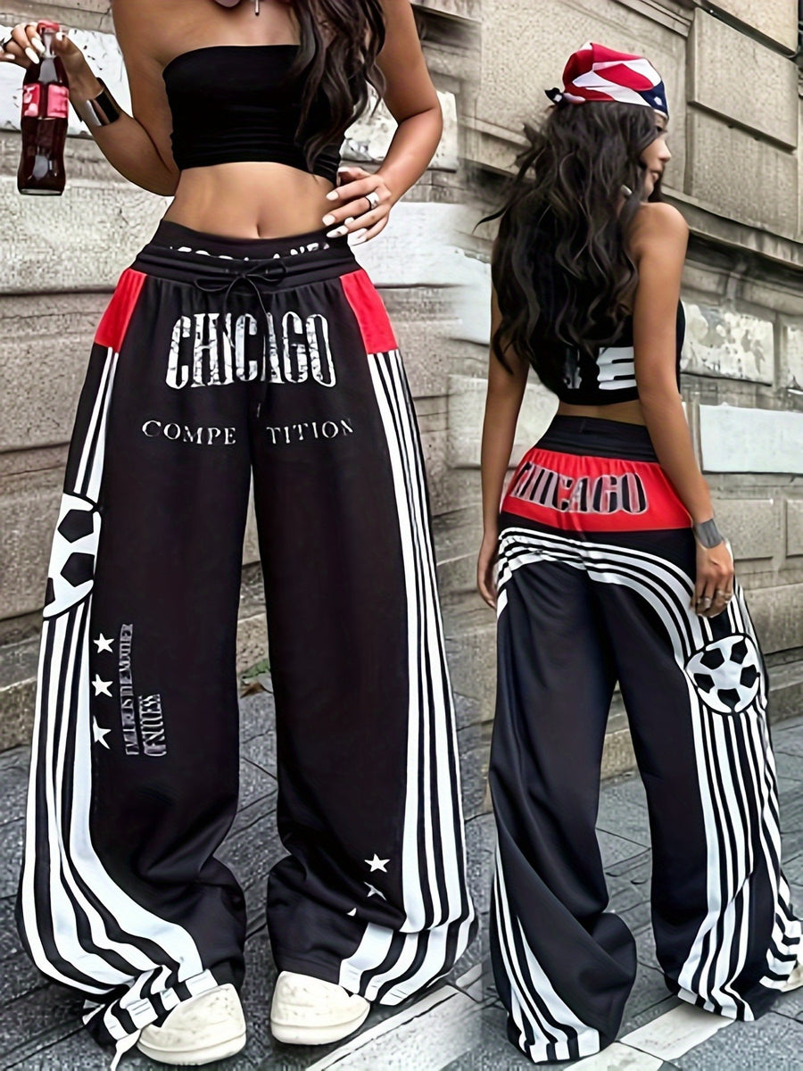 Women's Autumn/Winter Streetwear Couple's Matching Back-to- Vintage Gaming Day Homecoming Y2K Graphic Black Wide-Leg Sweatpants - Multicolor