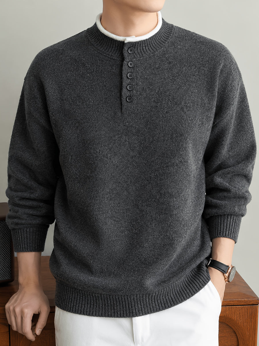 Du Jing Lan OBM Spring/Autumn New Arrival Men's Knit Pullover, Old Money Style Contrast Color Striped Half-Open Placket Stand Collar Knit Pullover, Men's Business Casual Fashion Knit Pullover, Suitable for Layering or Wearing as an Inner Layer - Dark Gray