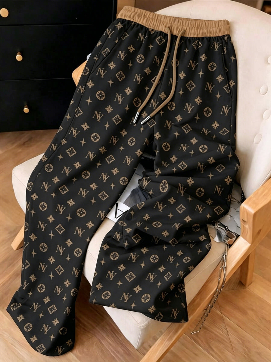 Women's Minimalist Printed Casual Pants, Drawstring Pocket Straight-Leg Trousers, Machine Washable and Hand Washable - Black