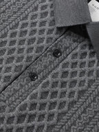 Middle-Aged Men'S Standard Polo Collar Short Sleeve Shirt, SIM Pattern Black Button-Front, Random Diamond Weave Jacquard, Outdoor Casual Soft Stretch Short Sleeve - Dark Gray