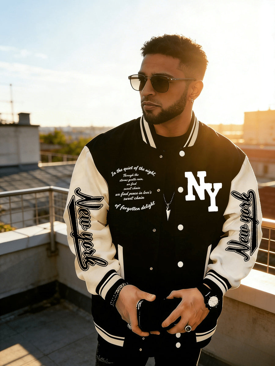 Vintage NY Letter Baseball Jacket, Men's American Casual Jacket - Black