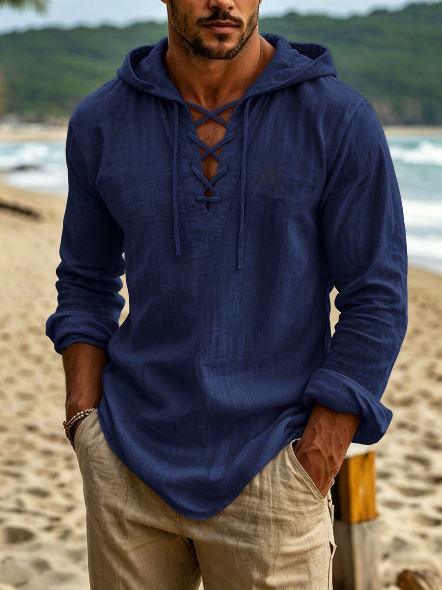 Island Atmosphere Men'S Linen Hooded Top, Chest Decorated with Easy Coconut Tree And Handwritten English Creative Print, Cross-Lacing V-Neck Design, Long Sleeve Style, Creating a Relaxed Natural Outdoor Men'S Style - Navy Color