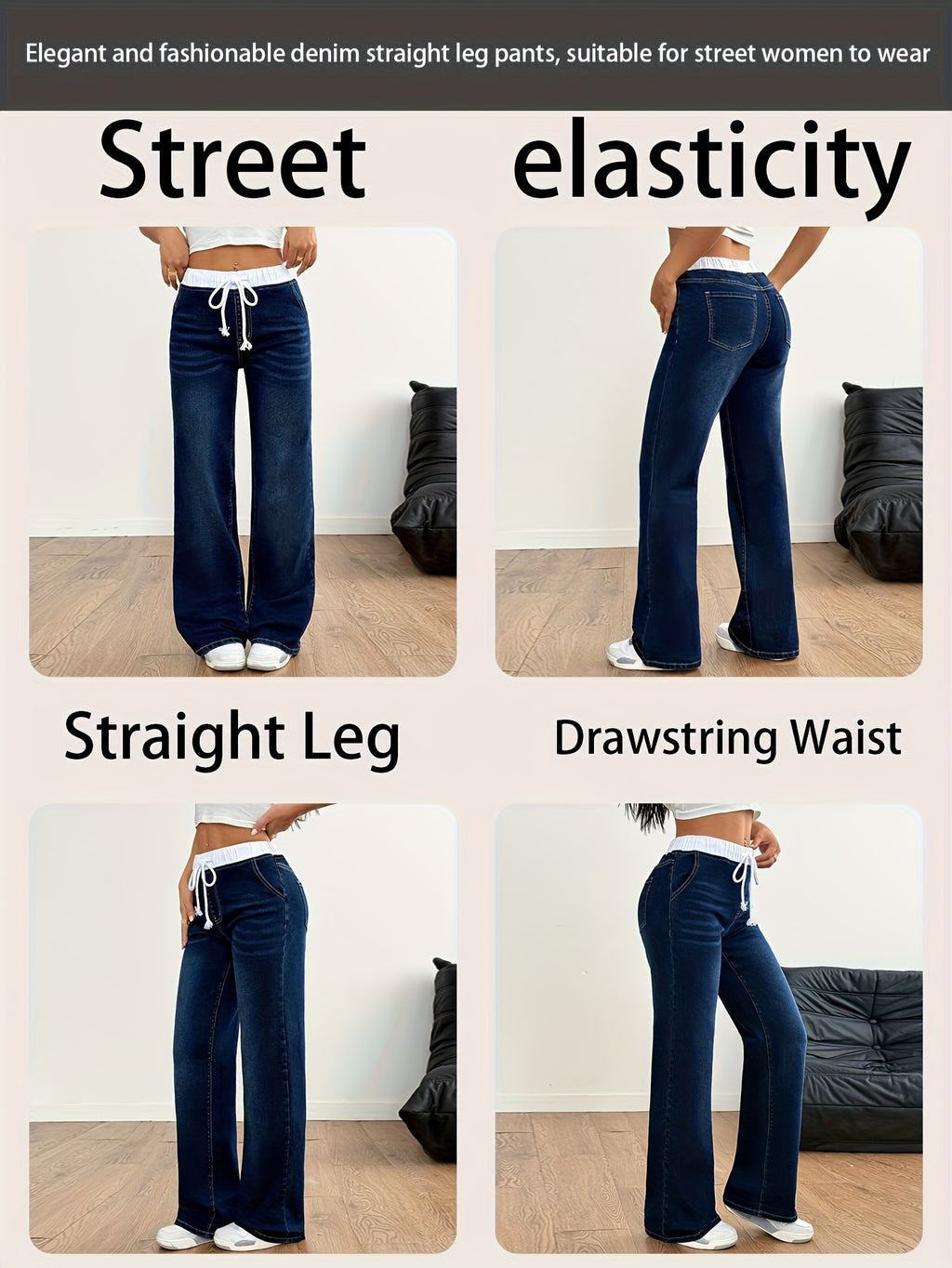 American Style New Light-Colored Women'S Elegant Casual Versatile High-Waisted Elastic Waist Drawstring Mid-High Elastic Trouser Legs Straight-Leg Jeans Women 12-18562 - Blue